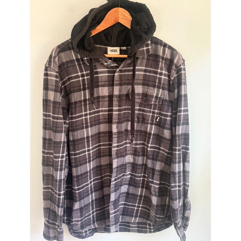 Vans Mens Hooded Flannel Shirt Grey Black Plaid Button Up Hoodie Jacket Large